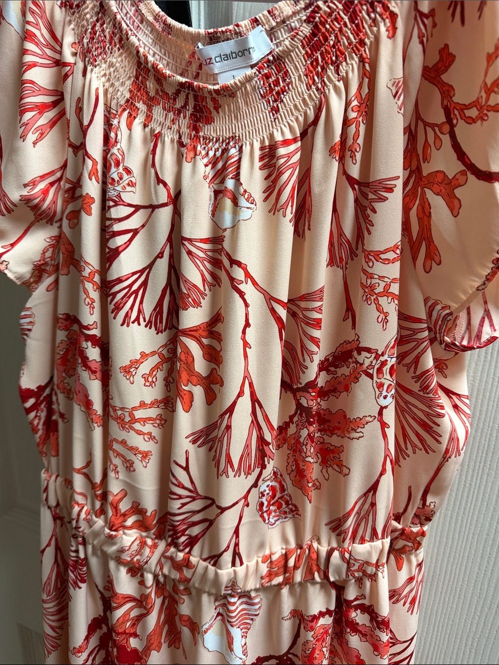 Liz Claiborne Cream Midi Dress with Red Coral Print. - Picture 5 of 5